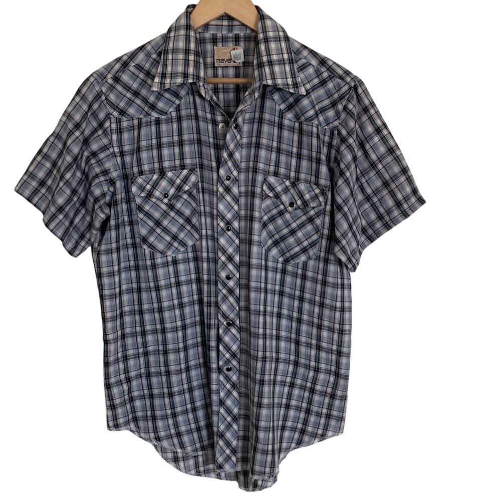 VTG Maverick Men's Plaid Short Sleeve‎ Snap Front Shirt Size 16.5 Large Western